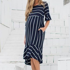 Pinkblush Navy Blue Striped Ruffle Trim Midi Dress